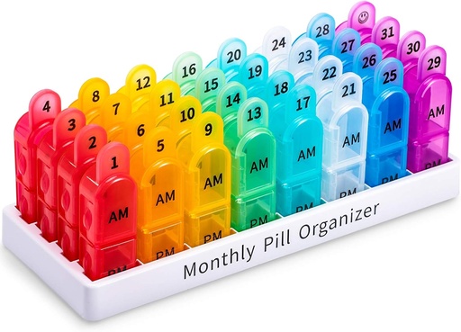 [BRSWYHA2C4GRA3I6] Organisateur Pill Mensuelle 2 fois par jour, 30 jours Organisateur Pill AM PM, 1 mois Organisateur Pill Box avec un design de poignée unique, 31 jours Voyage cas de pilule Midicine tenir à la vitamine, suppléments et médicaments