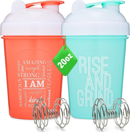[BRSW2FQDOEMBQALZ] [2 Pack] 20-Ounce Shaker Bottle with Motivational Quotes (Coral & Mint) | Protein Shaker Bottle with Mixer Agitators | Blender Shaker Bottle for Protein Mixes Pack is BPA Free and Dishwasher Safe