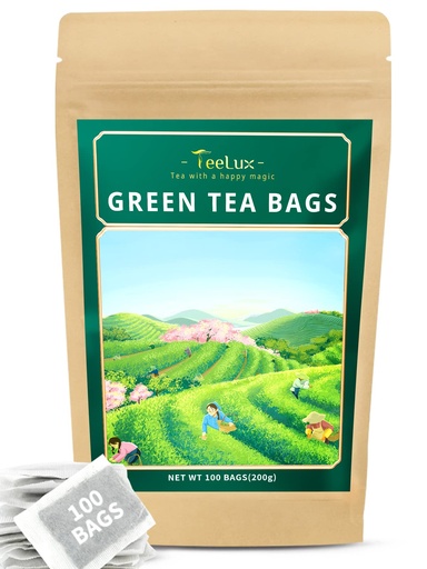 [BRSRMAQPCF6WOET7] TeeLux Green Tea Bags, Natural Pure Green Tea, Super Antioxidant, Caffeinated, 100 Count Tea Bags to Support Overall Health