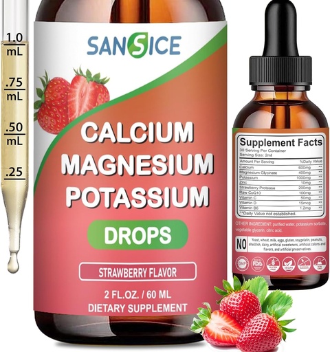 [BRSROBT3DIAROFDZ] Calcium Magnesium Potassium Supplements, Magnesium Glycinate 400mg Zinc Multivitamin Drops Calcium Potassium Supplement High Absorption Vegan Non GMO (60ml/Strawberry Flavor)