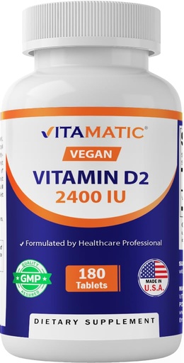[BRSRMZYOOYHGOH32] Vitamatic Vitamin D2 60 mcg (2400 IU) - Ergocalciferol - 180 Vegetarian Tablets (180 Tablets (Pack of 1)) (1 Bottle)