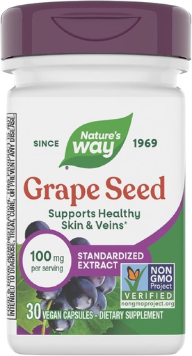 [BRSWIYT3BEAQ2FLO] Nature's Way Grape Seed Standardized Extract, Ondersteunt Gezonde Huid en Veins*, Antioxidant Support*, Niet-GMO Project Geverifieerd, 30 Vegan Capsules (Verpakking mei Vary)