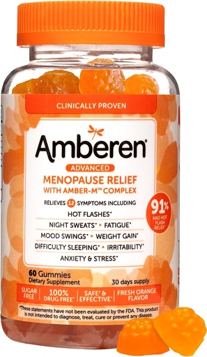 [BRSROFILC4FBAHL7] Amberen Menopause Supplements for Women, Multi-Symptom Relief, Vitamin E & Unique Amberen Compound, Helps Support Hormone Balance, Hot Flashes & Night Sweats, Sugar Free, Orange Flavor, 60 Gummies