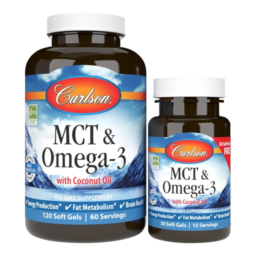 [BRSWGYAEO4BAI3IY] Carlson - MCT & Omega-3, Coconut Oil, Caprylic & Capric Acids, EPA & DHA, Energy Production, Fat Metabolism & Brain Health, 120+30 Softgels