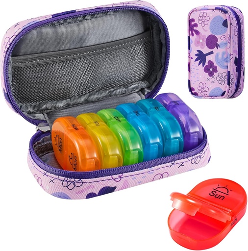 [BRSROZAOCIAQOHI2] Serfeymi Weekly Travel Pill Organizer 2 Times A Day AM PM Upgraded Rainbow Pill Box 7 Day with Portable Zipper PU Leather Pill Case, Medicine Organizer for Pills, Vitamins, Fish Oils - Purple 02