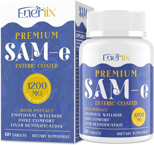 [BRSRAFL3B55RAD32] 1200 mg SAM e Supplement for Brain, Mood, Joint, and Liver, High Absorbtion SAM-e (S-Adenozyl-L-Metionine) with CoQ10, 5- HTP, Enteric Coated 60 Tablets, Vegan