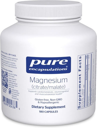 [BRSWIY36BMNAM2DU] Pure Encapsulations Magnesium (Citrate/Malate) - Magnesium Supplement to Support Nutrient Utilization, Energy, Bones & Heart Health* - with Magnesium Citrate & Malate - 180 Capsules