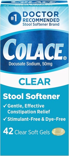 [BRSROBTQOB5RGHLU] Colace Clear Stool Softer for Gentle Effective Constipation Relief, # 1 Doctor Rekomendaded Stool Softtener Brand, Dye Free, 50 mg Docurate Capsules, 42 Count