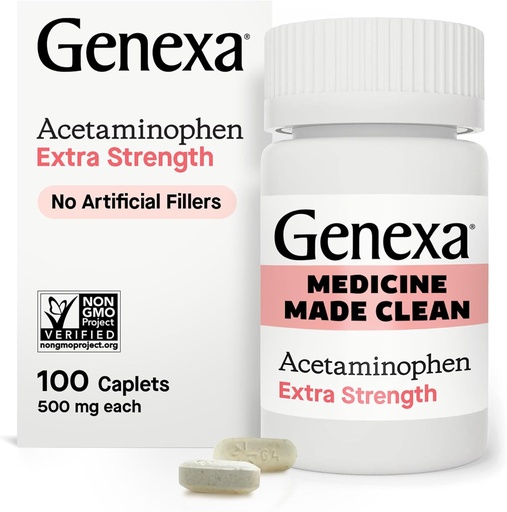 [BRSW2CY2CUHWYCI3] Genexa Clean Acetaminofen 500mg Extra Putere, Dye Free Durere Reliever Reducator Fever, 0% Aditivi artificiali, Pain Medicine pentru adulți, Relieves Dureri de cap, Backage, Minor Artrite Pain, 100 comprimate