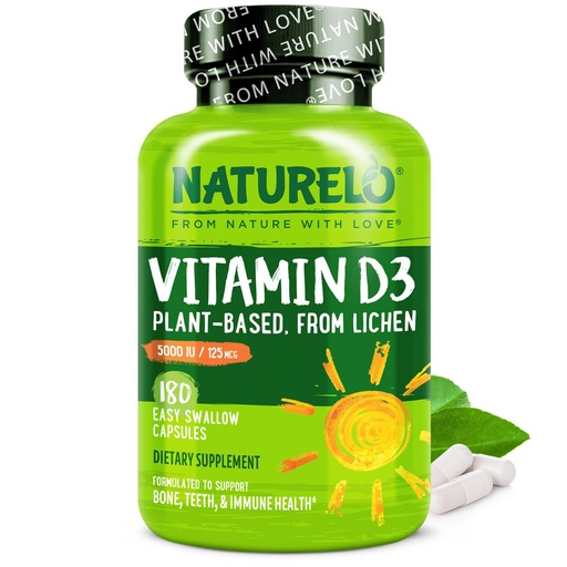 [BRSWGATYBF6QMFYU] NATURELO Vitamin D - 5000 IU - Plant Based from Lichen - Natural D3 Supplement for Immune System, Bone Support, Joint Health - High Potency - Vegan - Non-GMO - Gluten Free - 180 Capsules