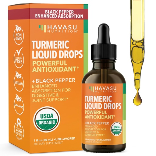 [BRSRMH34OECBOFY4] USDA Organic Turmeric Liquid Drops with Black Pepper - 1000mg Curcumin Supplement for Immune & Digestive Health - 30 Servings - Enhanced Absorption - Non-GMO, Vegan, Gluten Free - Unflavored, 1 Fl Oz