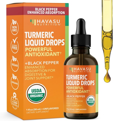 [BRSRMH34OECBOFY4] USDA Organic Turmeric Liquid drops with Black Pepper - 1000mg Curcumin supplement for Immune ' Digestive Health - 30 Servings - Enhanced Absorption - Non-GMO, Vegan, Gluten Free - Unflavored, 1 Fl Oz
