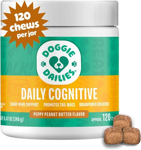 [BRSW2AQROVYREHYZ] Doggie Dailies Cognitive Puppy Chews, Vitamins with DHA, Selenium, Organic Ashwagandha & Antioxidants to Support Brain Health, Nervous System Function & Promote Calmness (Peanut Butter) 120 Soft Chews