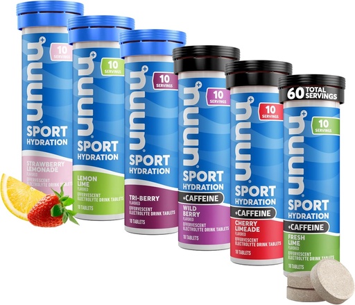 [BRSROCYDC4JWEEI7] Nuun Sport + Caffeine Electrolyte Tablets – Dissolvable in Water, Variety Pack | 5 Essential Electrolytes for Hydration | 1g Sugar Drink Mix | Vegan, Non-GMO | 6 Pack (60 Total Servings)