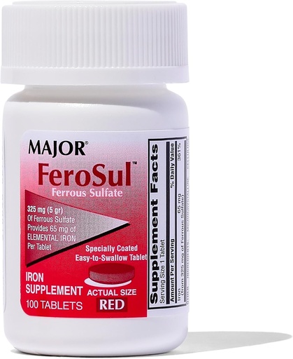 [BRSWIZY5BZ5RAHL4] Major Ferosul - Ferrous Sulfate 325mg Tablets with 65mg of Elemental Iron - Iron Supplement for Women, Men - Red - 100 Count