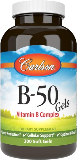 [BRSWIYILCUABMDQZ] Carlson - B-50 Gels, Complex Vitamina B, Productia de energie, Suport Cellular & Optimal Wellness, 200 Softgels