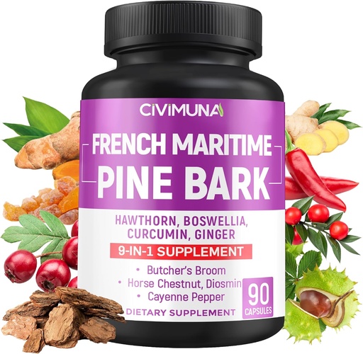 [BRSRMFAHOJ5G2H3B] French Maritime Pine Bark Capsules med French Maritime Pine Bark, Hawthorn, Bosweillia och mer - 90 kapslar för 3 månaders leverans