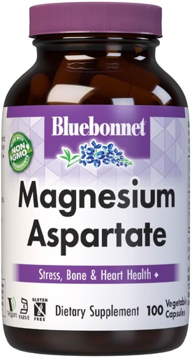 [BRSWIYT3PMDBYHDM] Bluebonnet Nutrition Magnesium Aspartat, Stress Relief *, Knoglehelbred *, Heart Health *, Non- GMO, Vegan, Kosher Certified, Gluten- Free, Soy- Free, Dairy- Free, 100 Vegetabilske kapsler, 50 Servere