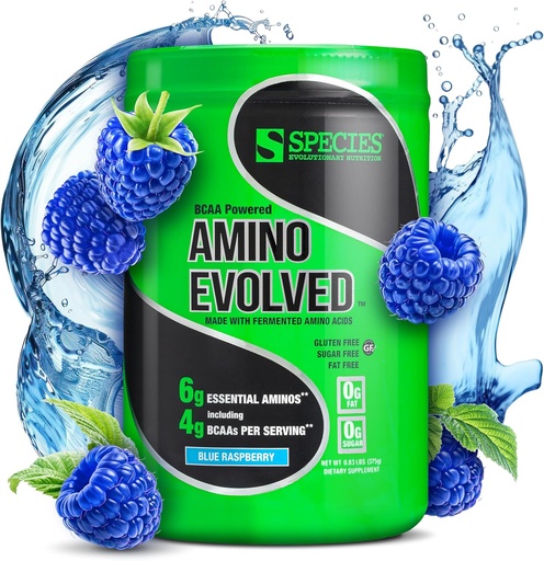 [BRSWGZAPDIORM33X] Species Nutrition Amino Evolved EAA & BCAA Powder, Fermented Branched Chain Amino Acids, Muscle Recovery & Endurance, Pre & Post Workout Supplement (Blue Raspberry, 30 Servings)