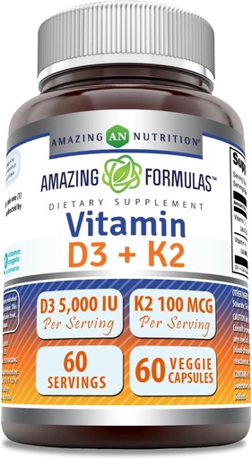 [BRSRA2QDCF5BA2A7] Fórmulas asombrosas Vitamina D3 5000 UI con Vitamina K2 100 mcg Silencio D3 + K2 Complejo Suplemento Silencio Veggie Capsules ← Non-GMO TEN Gluten Free ← Made in USA (60 Cuenta)