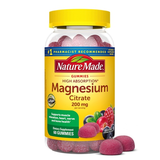 [BRSWYZY7OV5GYD3P] Nature Made High Absorption Magnesium Citrate 200 mg per serving, Magnesium Supplement for Muscle, Nerve, Bone and Heart Support, 60 Magnesium Gummies, 30 Day Supply