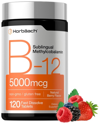 [BRSWYYIDB4JQIA3V] Horbäach B12 Vitamin 5000 mcg | 120 Fast Dissolve Tablets | Sublingual Methylcobalamin | Natural Berry Flavor | Vegan, Non-GMO & Gluten Free Supplement