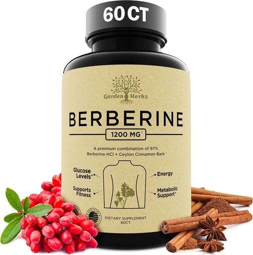 [BRSRAZQZBMBWOYAY] Suplemen Berberine, Berberine 1200 Mg - Berberine HCL & Ceylon Cinnamon untuk Women & Men - Berberine Capsules Supports Healthy System & Wealune Management