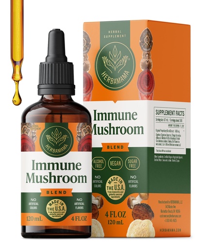 [BRSWYZD7AF5GOETU] HERBAMAMA Super Immune Mushroom Supplement - Vegan 8-Mushroom Complex Blend with Reishi, Lion's Mane, Cordyceps & Chaga Extract - Non-GMO, Alcohol-Free, Sugar-Free Immunity Drops, 56-Day Supply