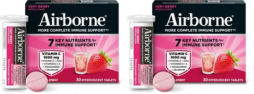 [BRSREFA5CEMQAE3B] Airborne 1000mg Vitamin C with Vitamin D & Zinc, Sugar Free Multivitamin Immune Support Supplement, Antioxidants Vitamins A C & E, Very Berry Flavor, 30 Tablets (Pack of 2)
