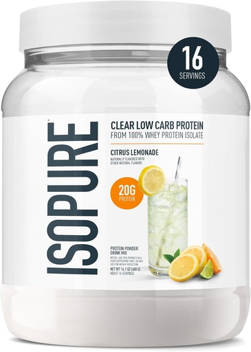 [BRSWGFD5BB4AYHY6] Isopure Clear Whey Isolate Protein Powder, Lactose Free, Gluten Free, Naturally Flavored, Citrus Lemonade, 20g Protein Per Serving, 14.1 Oz, 16 porcións (Packaging May Vary)
