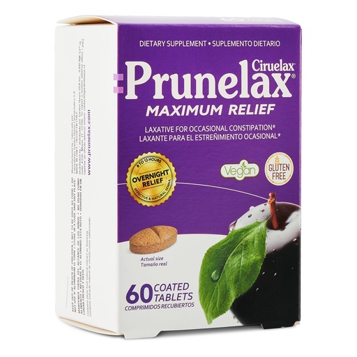 [BRSWGFQ3CJYA4DQU] Prunelax Ciruelax Maximum Relief Laxative Tablets with Natural Senna for Occasional Constipation, Senna Extract, Vegan & Gluten-Free, Gentle Overnight Relief - 60ct