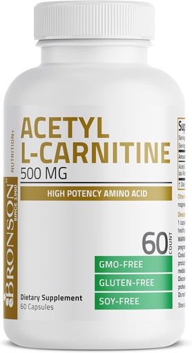 [BRSROAICCAAR6CA7] Bronson Acetyl L-karnitin 500 MG høy potens Aminosyre ikke-GMO, 60 kapsler