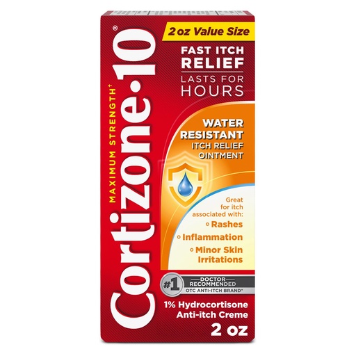 [BRSRMGAEA4CBAGTV] Cortizone-10 Maximum Strength Water Resistant Itch Relief Ointment, 1% Hydrocortisone, Fast-Acting, Anti-Itch Cream for Bug Bites, Rash, Eczema, Psoriasis, Poison Ivy, Oak, Sumac & More, 2 oz