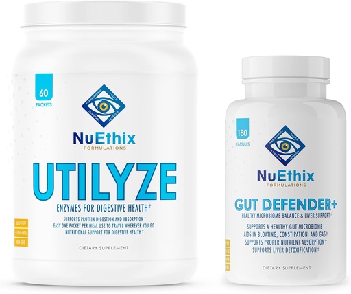 [BRSRMAALCMCQI3TX] NuEthix Formulations Microbiome Balance and Digestive Wellness Supplement Bundle of Gut Defender+, 90 Servings and Utilyze, 60 Travel Packets