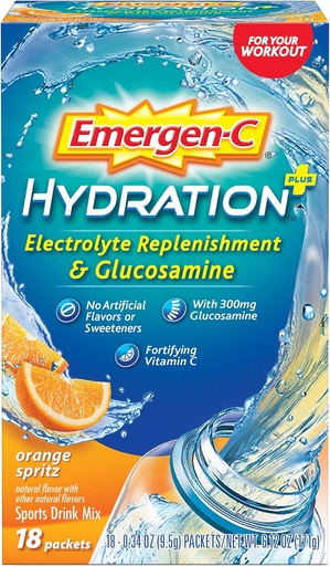 [BRSWECQHBYMR6CA2] Emergen-C Hydration+ Sports Drink Mix with Vitamin C (18 Count, Orange Spritz Flavor with Glucosamine), Electrolyte Replenishment, 0.34 Ounce Powder Packets