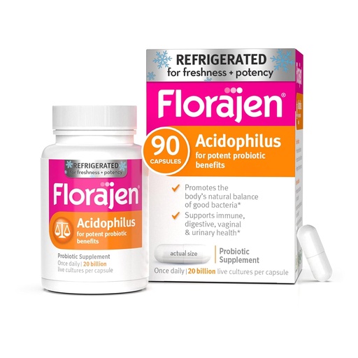 [BRSWGAQLOF5RYDL4] Florajen Acidophilus Probiotics, Gut Health, Vaginal Health, and Immune Support Supplement, Constipation and Bloating Relief for Adults, 90 Capsules (Refrigerado)