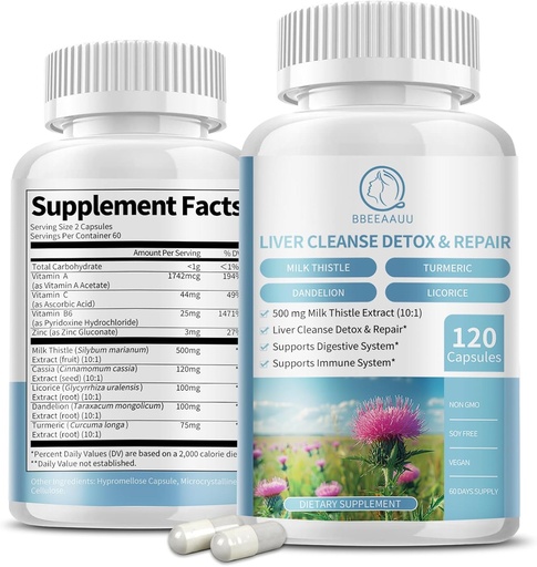 [BRSRAGQ2PN7BAET3] Milk Thistle Supplement Capsules, Liver Health Formula, with Dandelion Root, 10:1 Extract, for Liver Detox Cleanse Support, Digestive & Immune System, 120 Veggie Caps