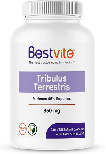 [BRSRMCQLA56WOCYV] BESTVITE Tribulus Terrestris 850mg per Capsule (240 Vegetarian Capsules) - Standardized Extract - Min 45% Saponins - No Stearates - No Silicon Dioxide - No Fillers - Vegan - Non GMO - Gluten Free