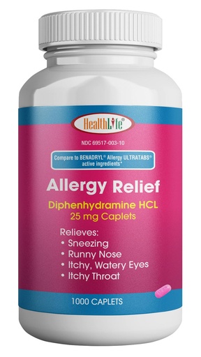 [BRSW2ZL6AAJWACA6] HEALTH LFE Allergy Relief, Medicine Diphenhydramine HCl Caplets, 25 mg | Children and Adults | Relieves Sneezing, Runny Nose, Hay Fever Symptoms, Itchy Eyes and Throat (Large,1000 Count)