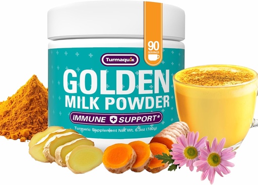 [BRSWYHQPCUIB4DTP] Turmaquik Leite Orgânico Dourado Pó Açafrão, Suporte Imune + Superalimento Mistura de Ginger, Pimenta Negra, Curcumina, Canela, Cardamomo + Vitaminas C, D, B6, B12, Zinco - Immunity Boost