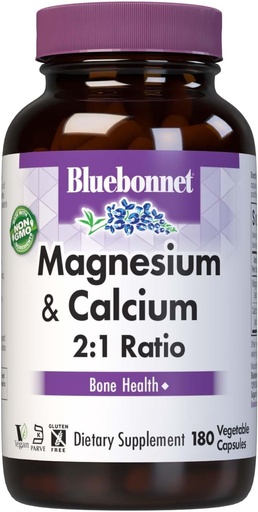 [BRSWIYQTPMJWIFDM] Bluebonnet Nutrition Magnézium & Calcium 2:1 Ratio, Bone Health*, Non-GMO, Vegan, Kosher Certified, Gluten-free, Soy-free, Dairy-Free, 180 Rastlinné kapsule, 60 Servisov