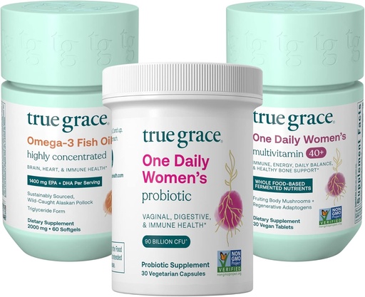 [BRSRMZYBC4NRGFY4] True Grace One Daily Women’s Multivitamin 40+ (30 Vegan Tablets), Omega-3 Fish Oil (60 Softgels) & One Daily Women’s Probiotic (30 Vegetarian Capsules) - 30-Day Supply of Each