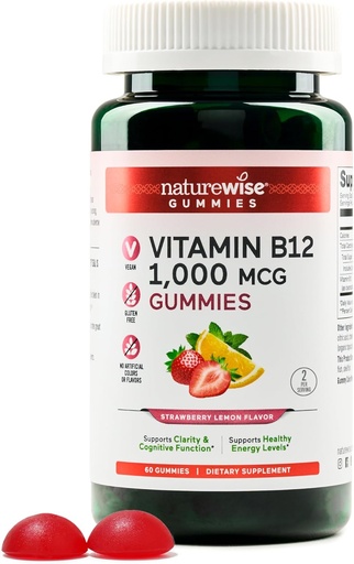 [BRSROHD3CAPWEHLF] NatureWise Vitamin B12 Gummies for Adults, 1000 mcg - Strawberry Lemon Flavor - Supports Daily Energy, Mental Clarity, Cognitive Function - Vegan, Gluten-Free, Non-GMO - 60 Count[1-Month Supply]