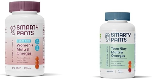 [BRSROBQEOUDQEGTP] SmartyPants Women's Multivitamin Gummies, Sugar Free: Biotin, Methylfolate, Omega 3 (ALA), Vitamin D & Teen Guy Multivitamin Gummies: Omega 3 Fish Oil (EPA/DHA), Vitamin D3, C, Vitamin B12, B6