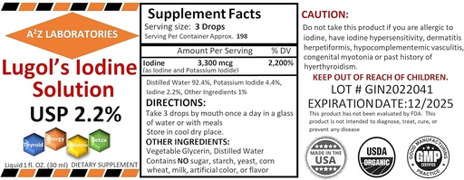 [BRSRMGAKPICRSFA4] Generic A2Z Organic Lugol's Iodine and Potassium Iodide 2.0% Solution, 1 Fl Oz - Liquid Supplement Drops for Thyroid Support, Detox, Metabolism, Made in USA