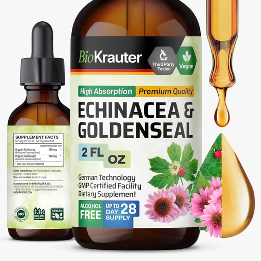[BRSROGAYB4HQIA3L] BIO KRAUTER Echinacea ja Goldenseal juurinesteuute - Natural Immuunituki - Echinacea Drops with Goldenseal - Vegaani, alkoholiton ja sokeriton tincture - 2 Fl.Oz.