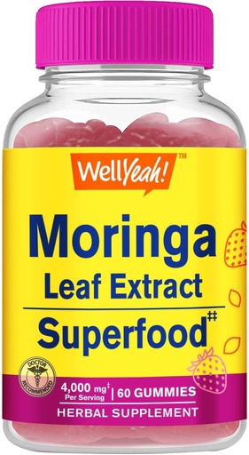 [BRSROCQTBMBRO3TA] WellYeah Moringa Leaves Extract Gummies (4,000mg) | Antioxidants, and Immune Support | Gluten Free, Non GMO | Strawberry Flavor | 60 Count