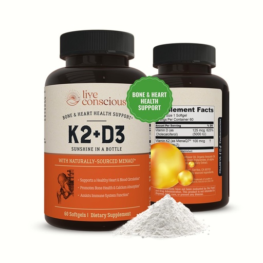 [BRSWGAD6O4BQO3A4] Live Conscious Vitamin K2 MK7 with D3 Supplement | Bone & Heart Health Support - Patented Vitamin K & Vitamin D3 5000 IU - 60 Softgels