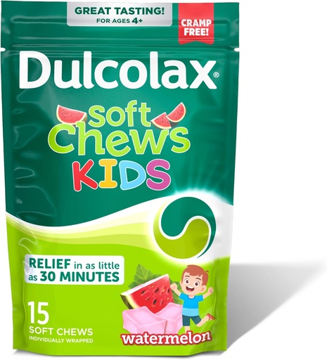 [BRSW2BT5DMMWKFIV] Dulcolax Kids Saline Laxative Soft Chews, Laxantes libres de estimulantes, Alivio de estreñimiento suave para niños, Softens Stool, Watermelon Flavor, Magnesium Hydroxide 1200 mg, 15 Conde