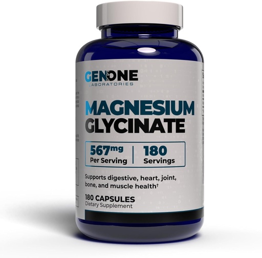 [BRSRAYY3PN5WYHLJ] GenOne Magnesium Glycinate Capsules - Enhanced Absorption for Bone & Mental Support - Gentle on Stomach 567mg per Serving - 180 Count